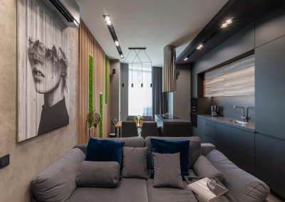 дизайн кухни-студии трехкомнатной квартиры в стиле LOFT в ЖК «Панорама» от KAKADU-STUDIO