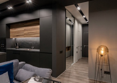 дизайн интерьера кухни-студии трехкомнатной квартиры в стиле LOFT в ЖК «Панорама» от KAKADU-STUDIO