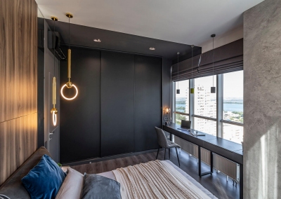 дизайн интерьера спальни трехкомнатной квартиры в стиле LOFT в ЖК «Панорама» от KAKADU-STUDIO