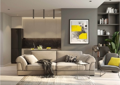 гостиная однокомнатной квартиры в ЖК Акварель от KAKADU-STUDIO