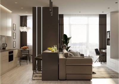 кухня-гостиная однокомнатной квартиры в ЖК Акварель от KAKADU-STUDIO