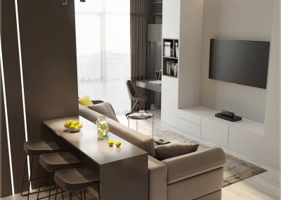 дизайн интерьера кухни-гостиной однокомнатной квартиры в ЖК Акварель от KAKADU-STUDIO