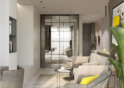 дизайн интерьера гостиной однокомнатной квартиры в ЖК Акварель от KAKADU-STUDIO