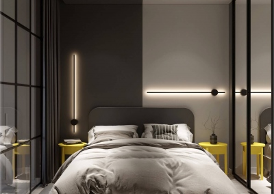 спальня однокомнатной квартиры в ЖК Акварель от KAKADU-STUDIO