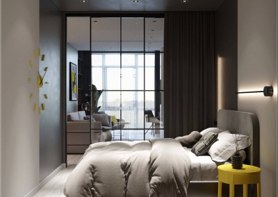 дизайн спальни однокомнатной квартиры в ЖК Акварель от KAKADU-STUDIO