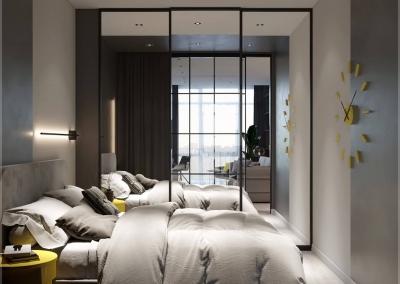 дизайн интерьера спальни однокомнатной квартиры в ЖК Акварель от KAKADU-STUDIO