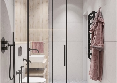 дизайн интерьера ванной комнаты однокомнатной квартиры в ЖК Акварель от KAKADU-STUDIO