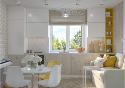 дизайн кухни однокомнатной смарт-квартиры студии 40 кв. м. в скандинавском стиле фото