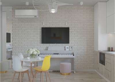 дизайн кухни-студии однокомнатной смарт-квартиры 40 кв. м. в скандинавском стиле фото