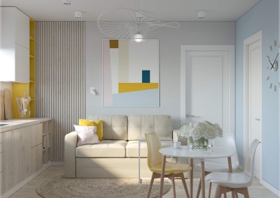 дизайн гостиной однокомнатной смарт-квартиры 40 кв. м. в скандинавском стиле фото