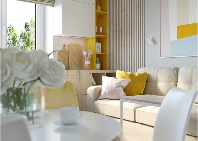 дизайн гостиной однокомнатной смарт-квартиры 40 м2 в скандинавском стиле фото